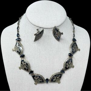 Siam Vintage 1940s Enamel Fan Goddess Dancers Necklace Screw Back Earrings Set